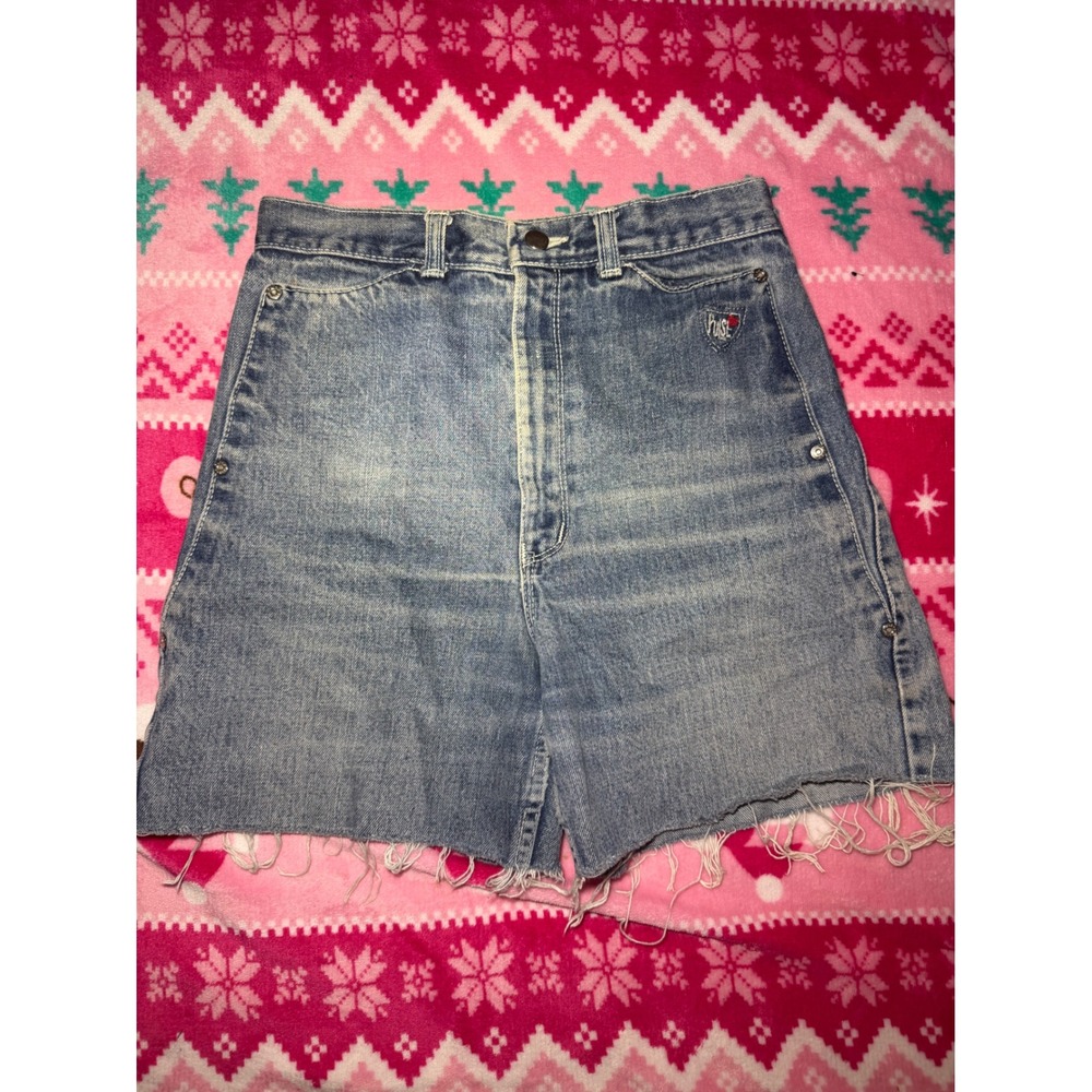 Vintage Pulse Denim Shorts High Waisted Raw Hem Medium Wash Blue Womens 28W